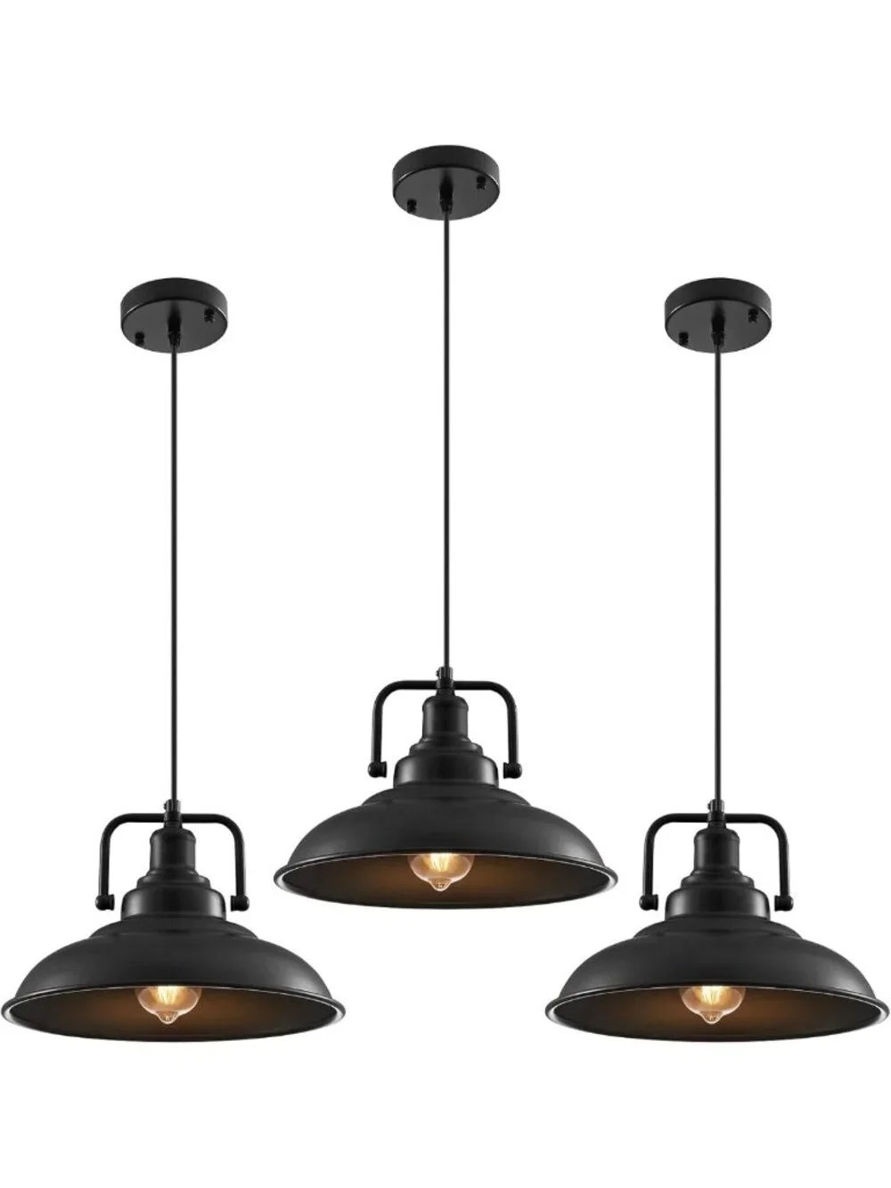 Set of 3 Black Farmhouse Pendant Lights - 12.5” Industrial Lighting for Kitchen